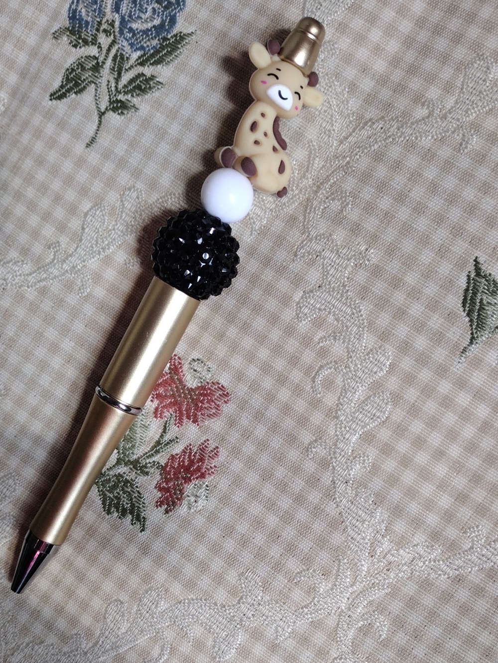 Gold Ballpoint Pen with Giraffe Charm and Black Crystal Bead